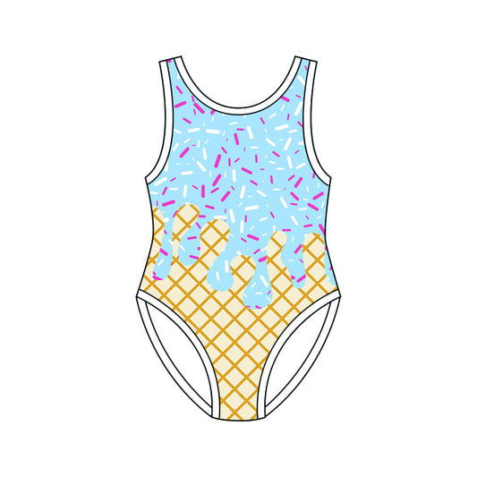 Sleeveless light blue ice cream sprinkle girls one piece swimsuit