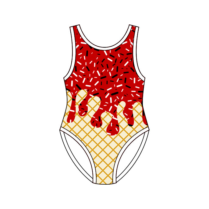 Sleeveless red ice cream sprinkle girls one piece swimsuit