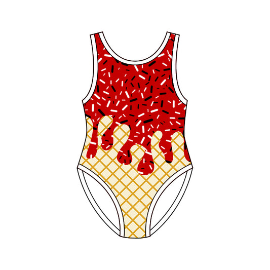 Sleeveless red ice cream sprinkle girls one piece swimsuit