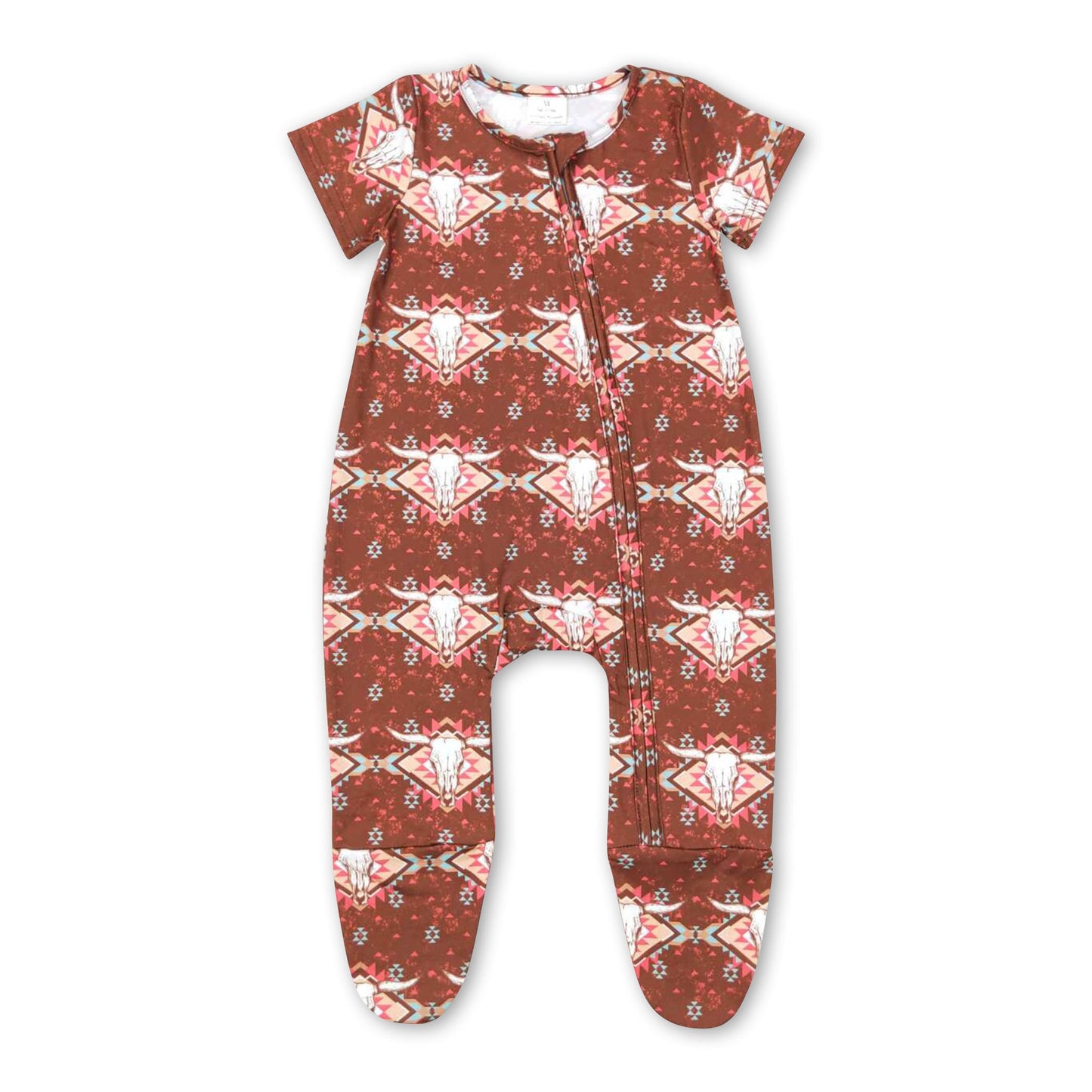 Short sleeves bull skull aztec baby footed zipper coveralls