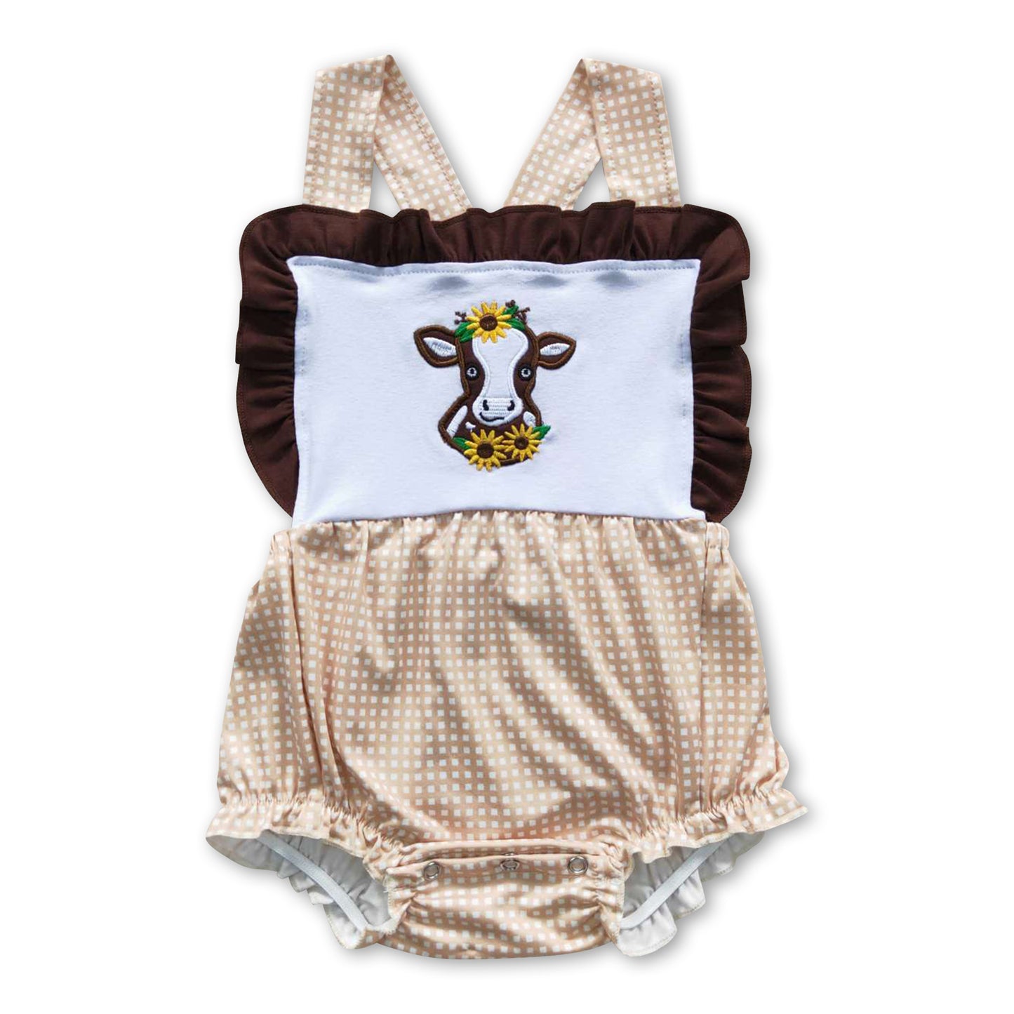 Cow embroidery plaid bubble baby girl romper