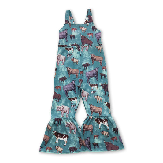 Green cow sleeveless kids girls jumpsuit