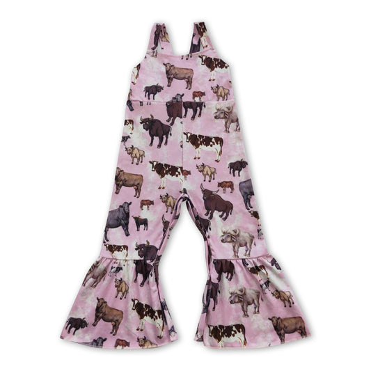 Pink cow sleeveless kids girls jumpsuit