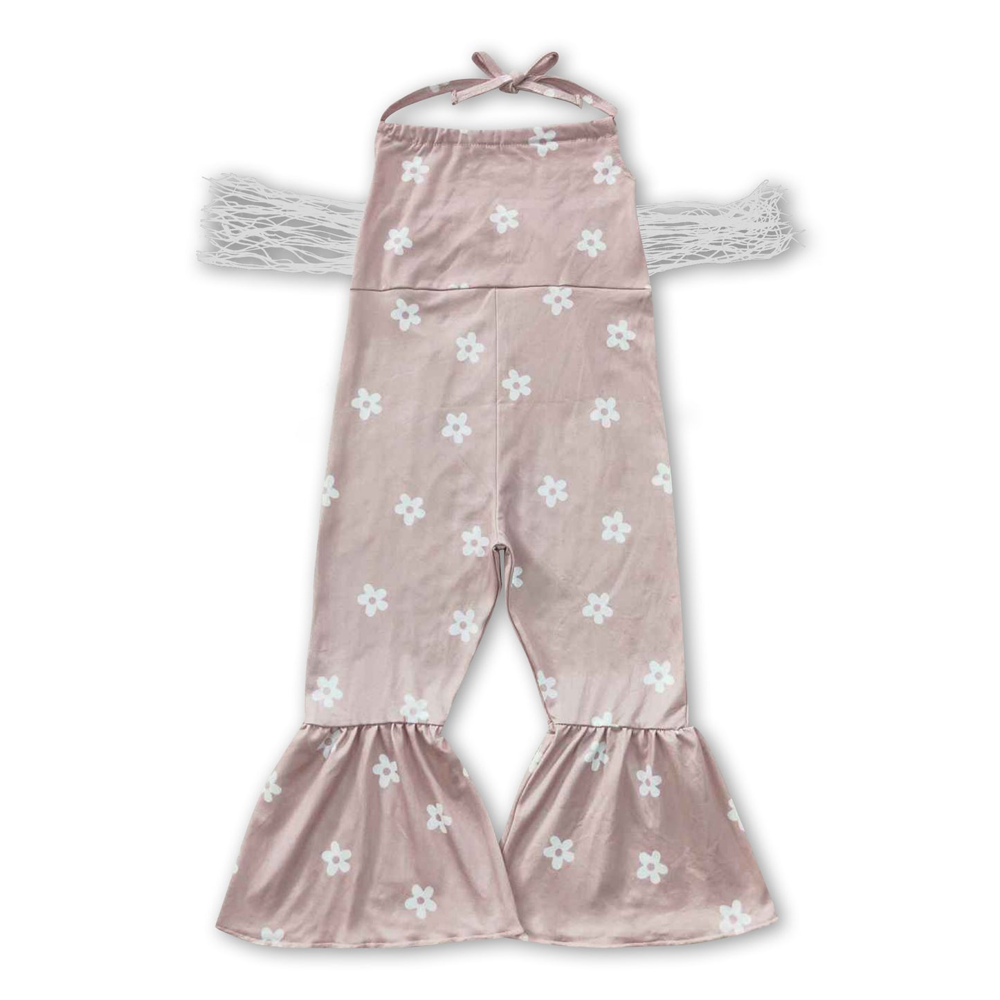 Khaki floral tassels halter baby girls jumpsuit