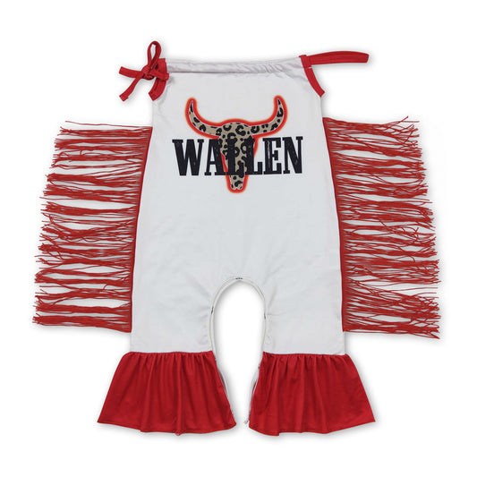 Red leopard bull skull sleeveless tassels baby girls romper