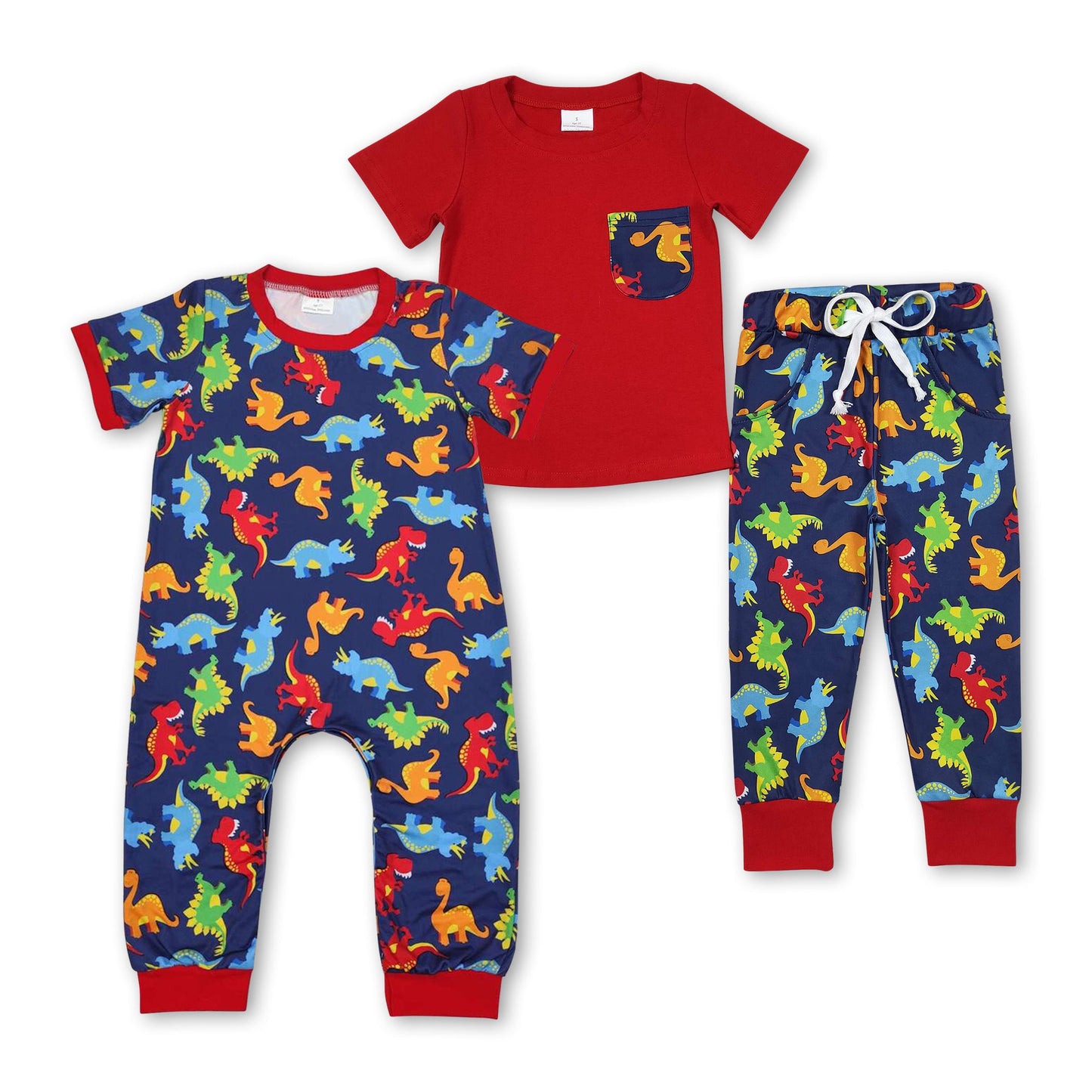 Red short sleeves dinosaur baby boy romper