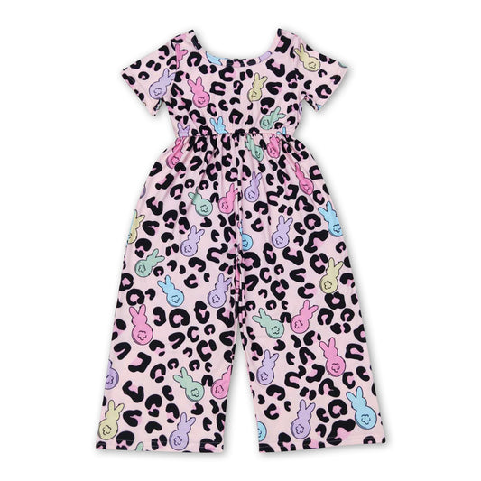 Pink leopard bunny short sleeves girls easter jumpsuit