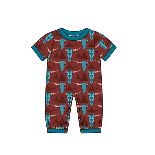 Blue short sleeves bull skull baby boy western romper