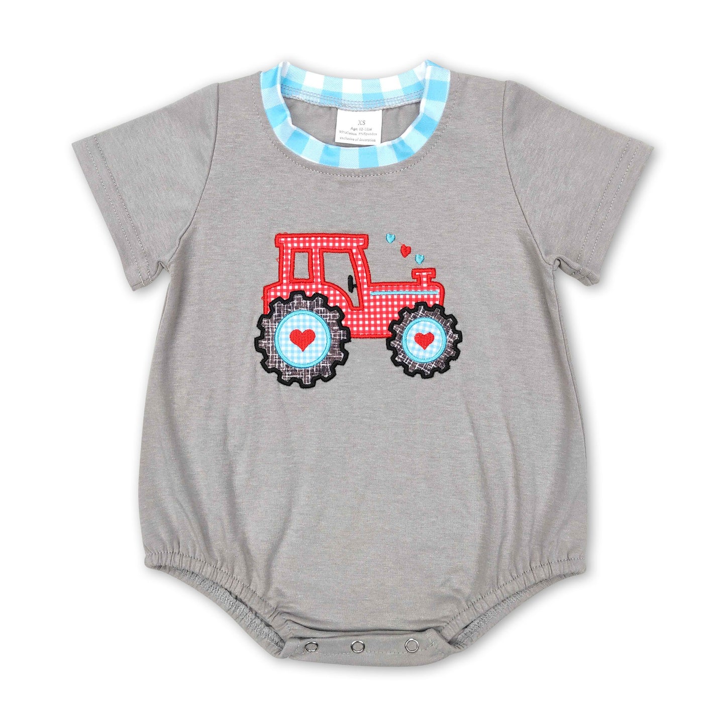 Tractor heart short sleeves grey baby boy valentine's romper