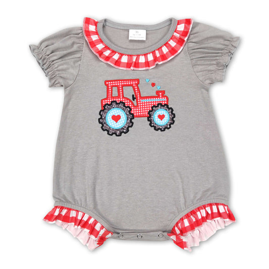 Tractor heart short sleeves grey baby girls valentine's romper