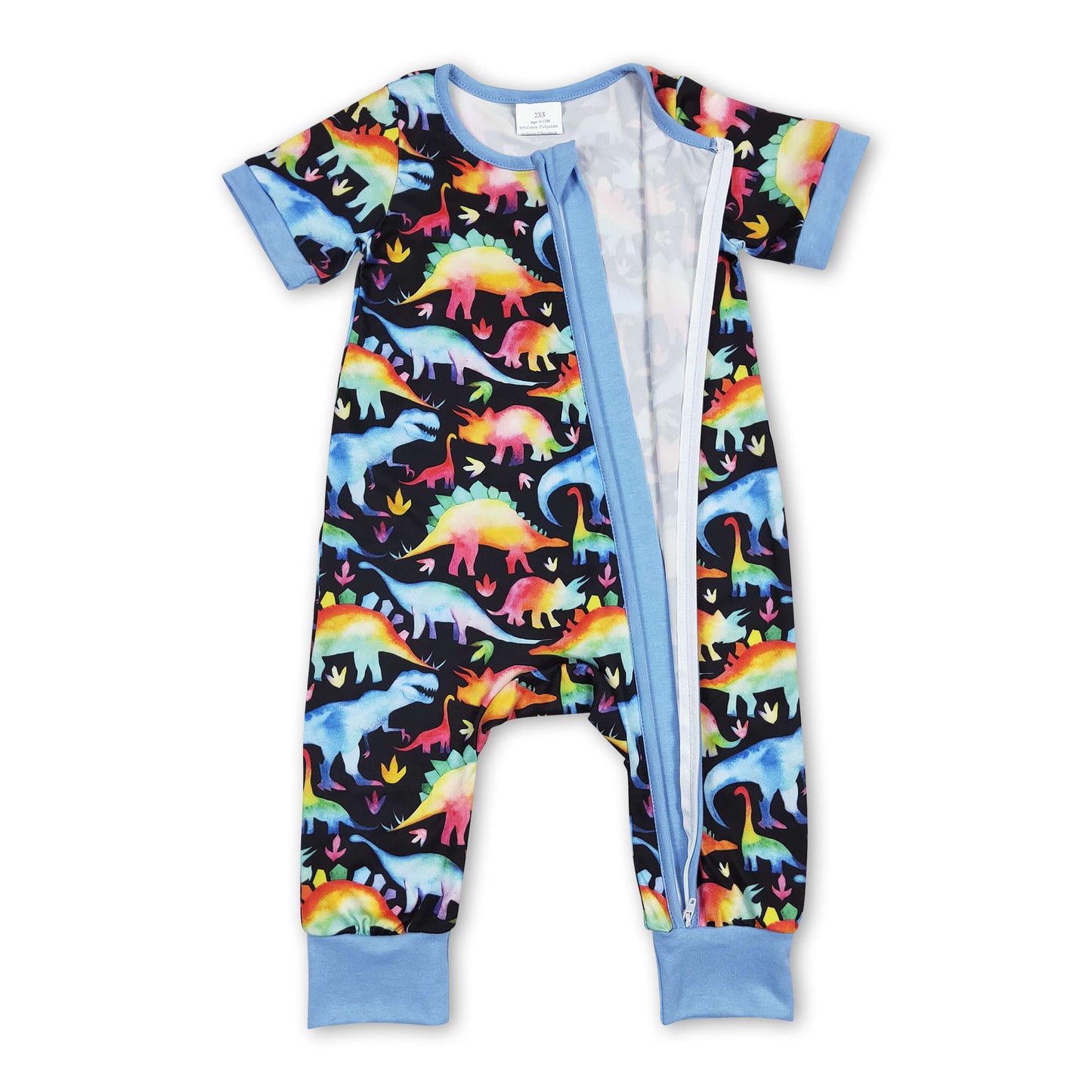 Short sleeves blue dinosaur baby kids zipper romper