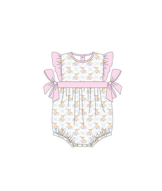 Pink flutter sleeves bunny floral baby girls easter romper