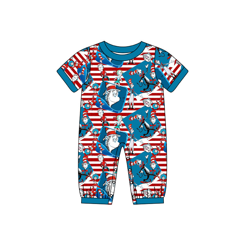 Blue red stripe short sleeves cat hat baby boy romper