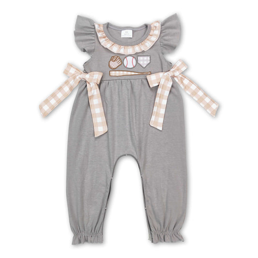 Grey flutter sleeves baseball baby girls romper