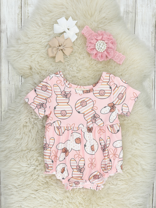 Pink short sleeves bunny floral baby girls easter romper