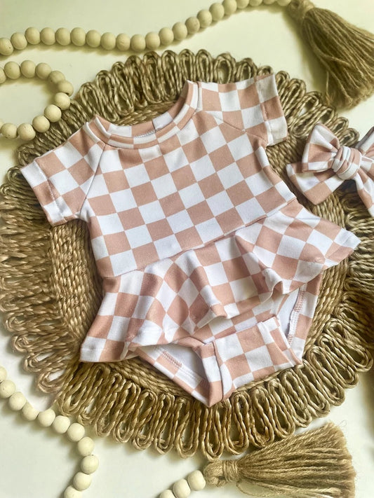 Short sleeves khaki plaid skirt baby girls romper