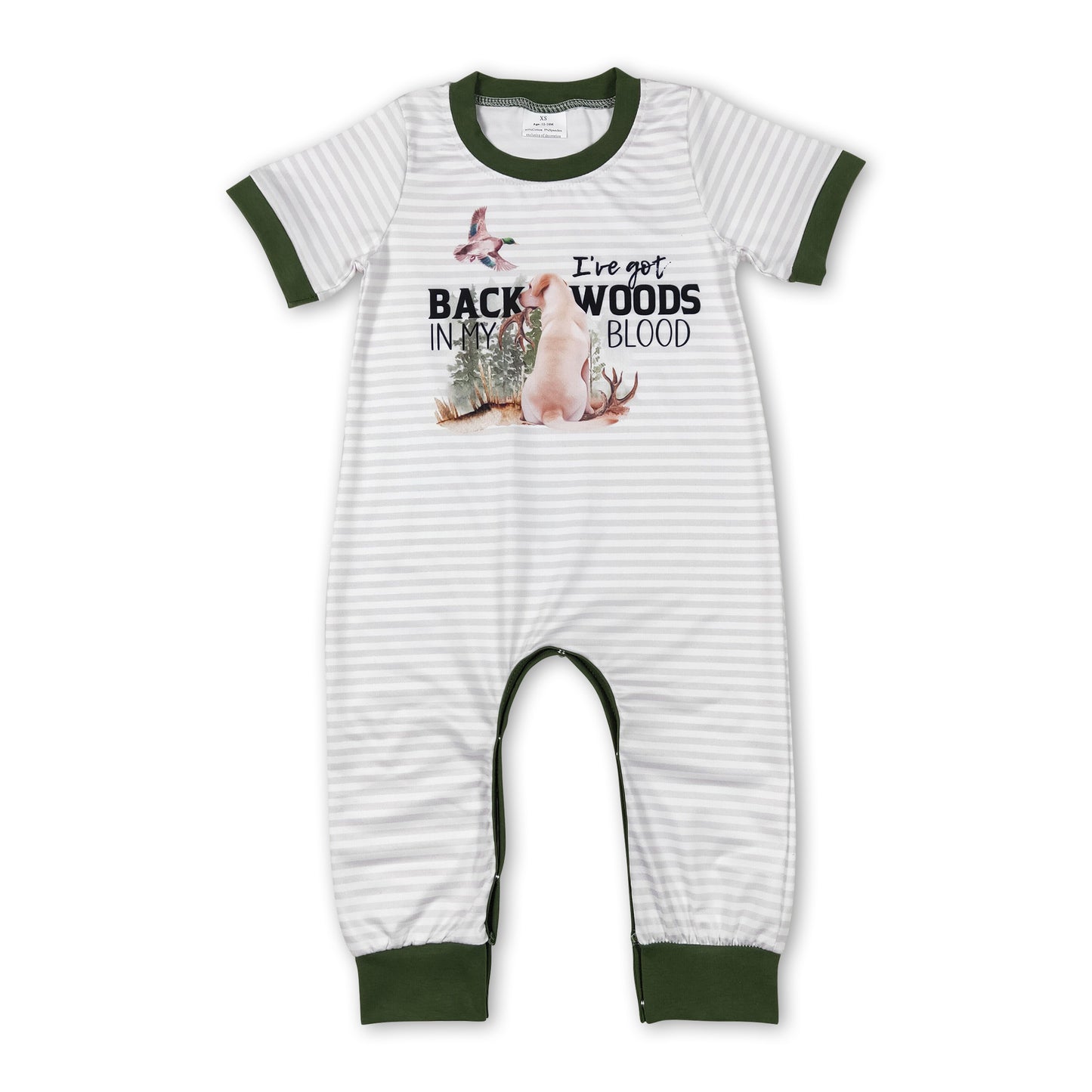Grey stripe short sleeves duck dog baby boy romper
