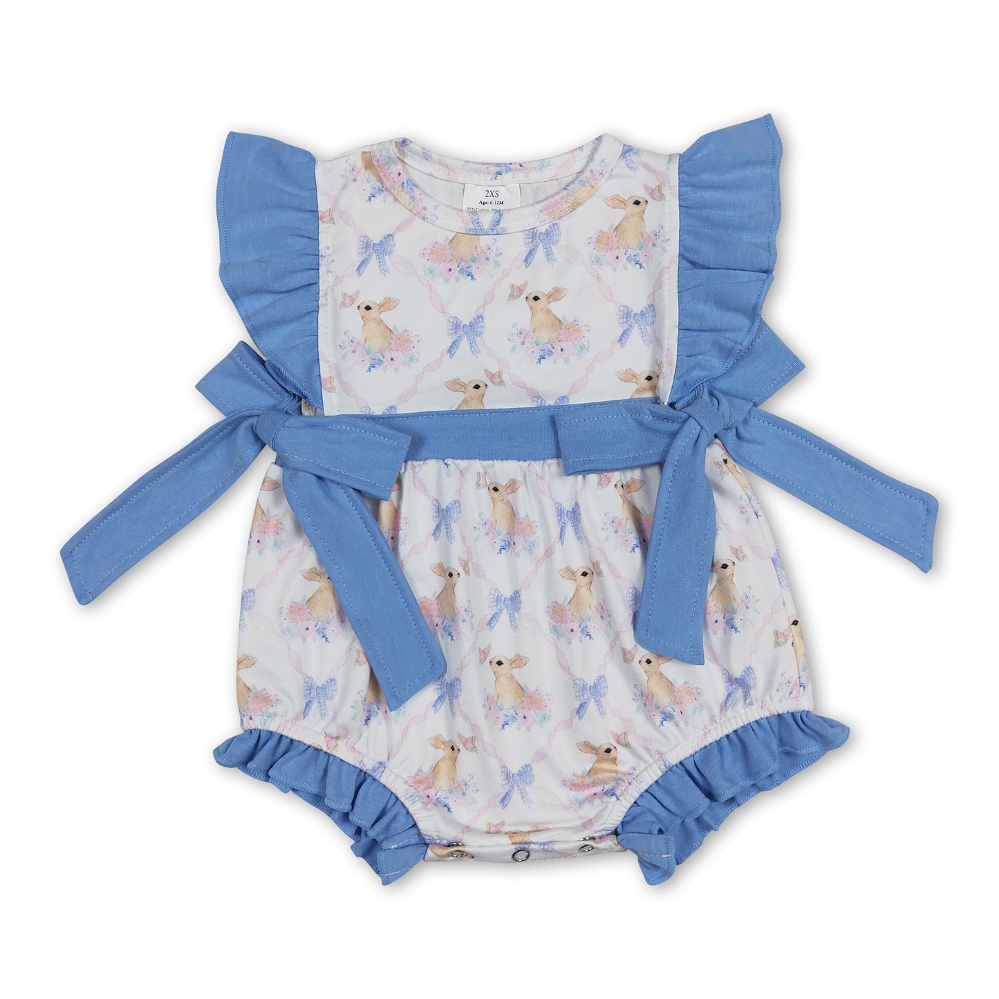 Blue flutter sleeves bunny bow baby girls easter romper