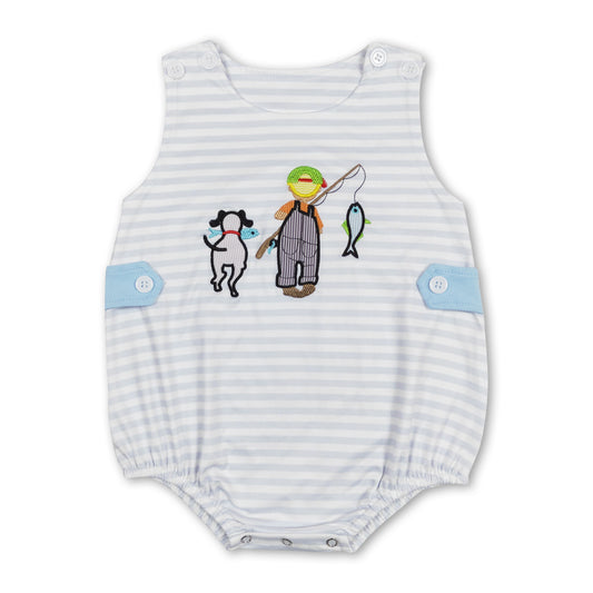 Sleeveless dog fishing stripe baby boys romper