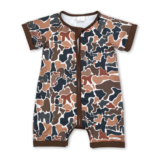 Brown short sleeves baby boy zipper romper