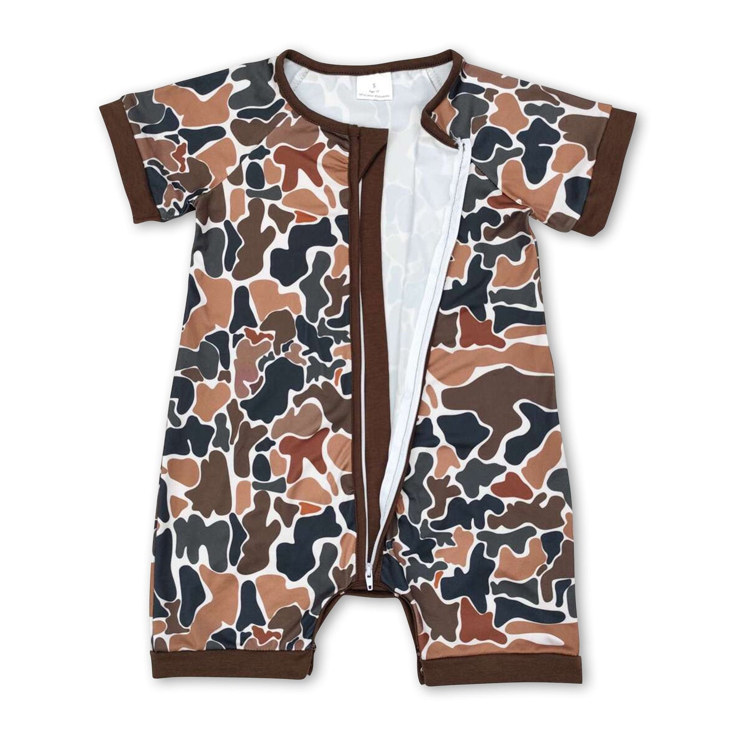 Brown short sleeves baby boy zipper romper