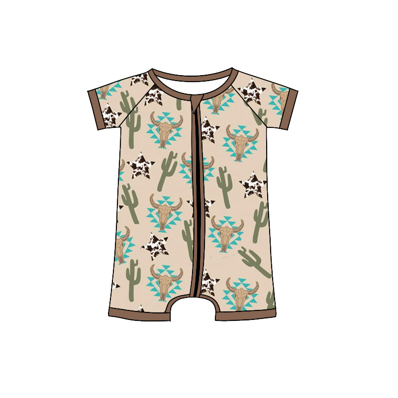 Cactus bull skull aztec baby boys western zipper romper