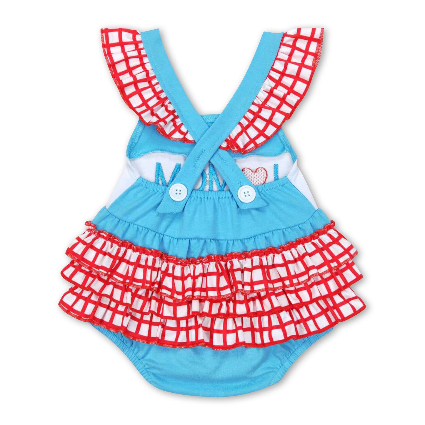 I love mom light blue plaid mother's day baby romper