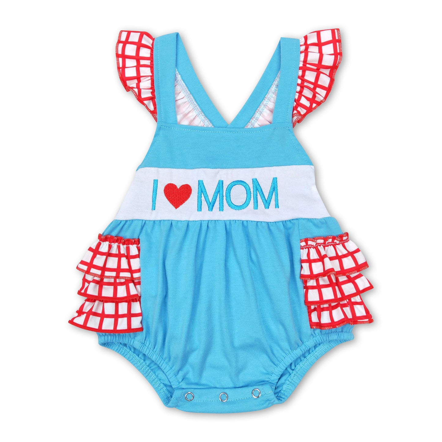 I love mom light blue plaid mother's day baby romper