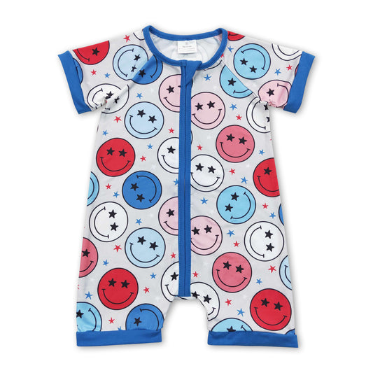 Red blue smile stars baby kids 4th of july zipper romper