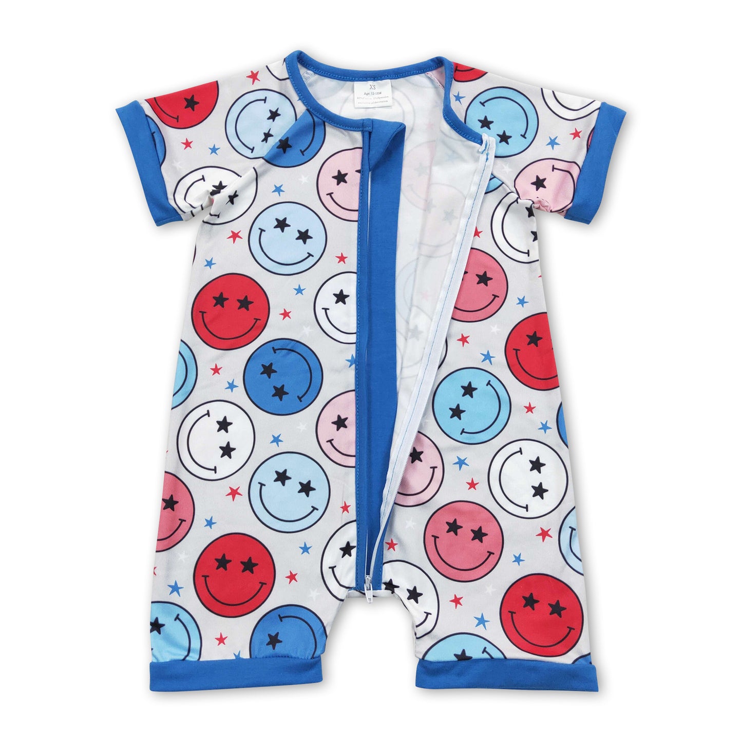 Red blue smile stars baby kids 4th of july zipper romper