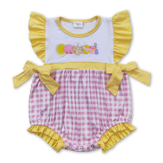 Flutter sleeves yellow pink plaid beach baby girls romper