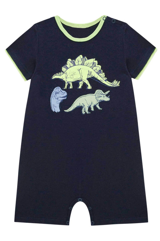 Short sleeves navy dinosaur baby boy romper