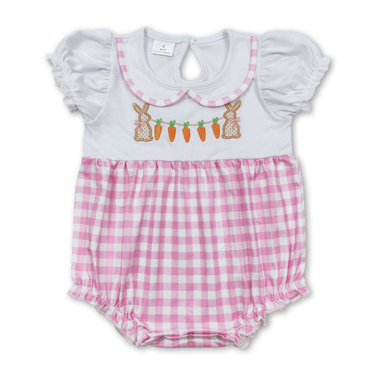 Short sleeves carrot bunny pink plaid girls easter romper