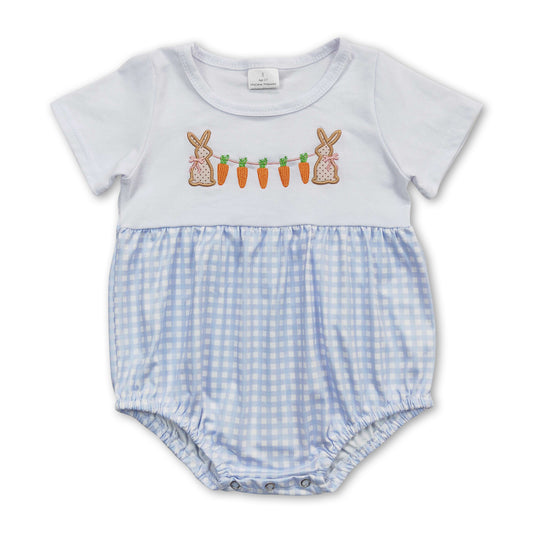 Short sleeves carrot bunny light blue plaid boys easter romper