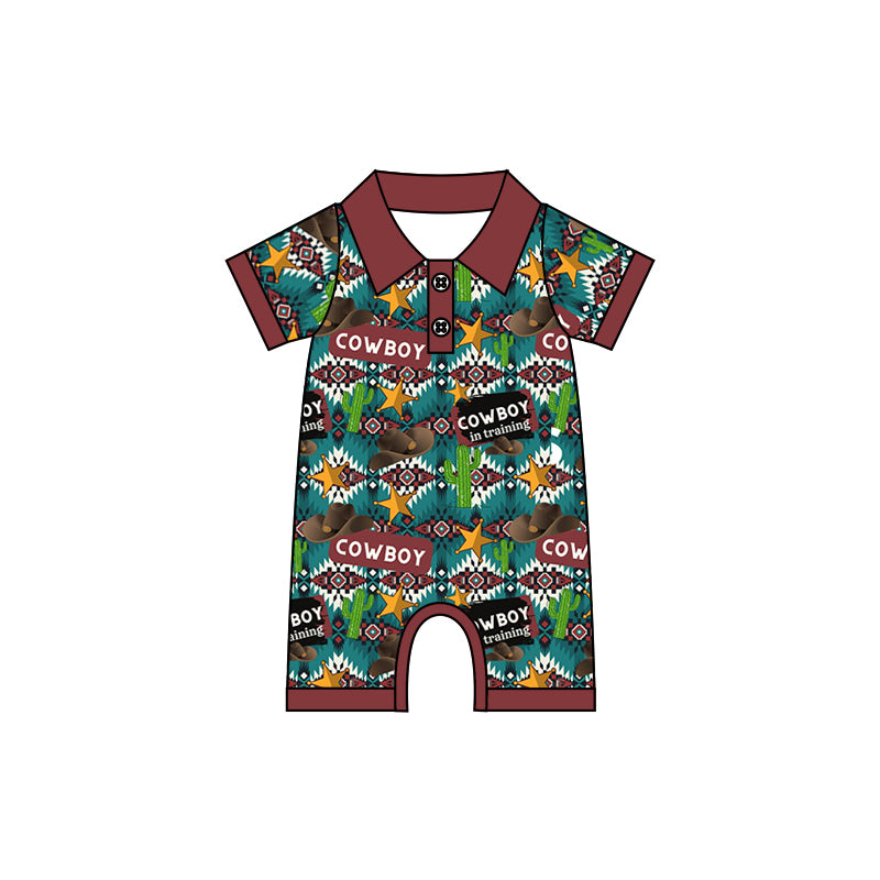 Short sleeves cowboy cactus baby boy polo romper