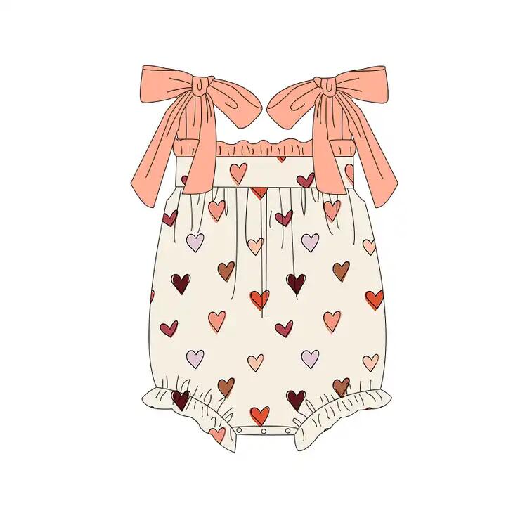 Suspender heart peach baby girls valentine's romper