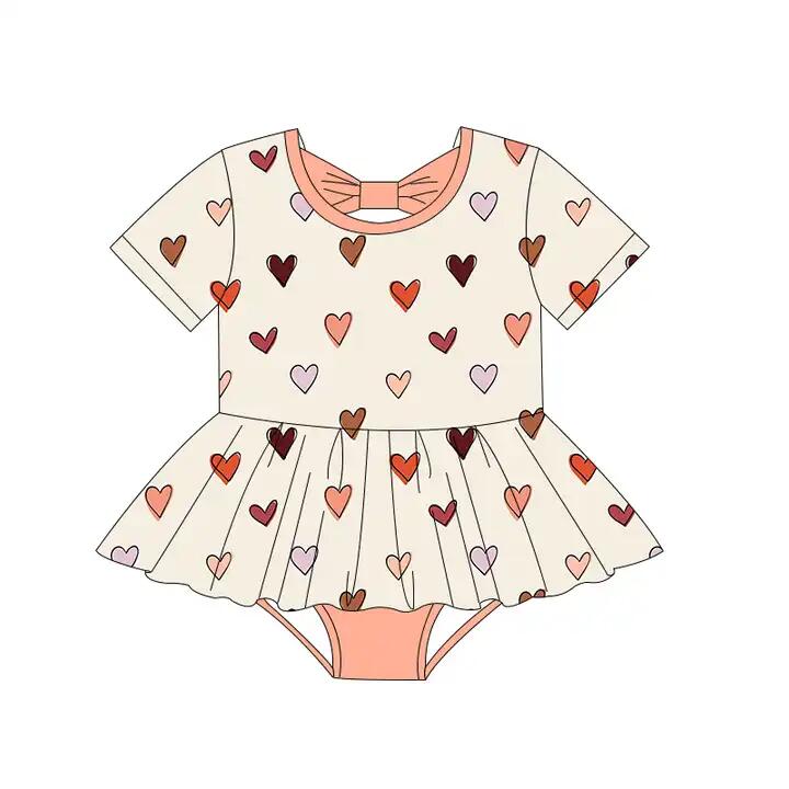 Short sleeves heart peach skirt baby valentine's romper