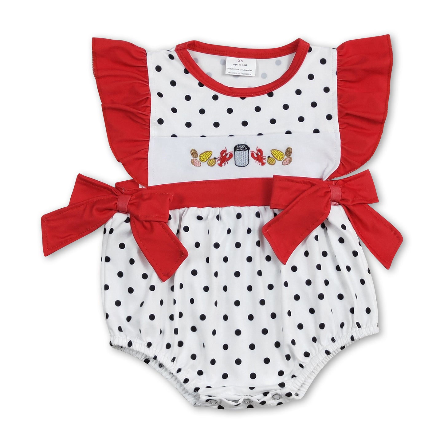 Red polka dots crawfish corn baby girls romper