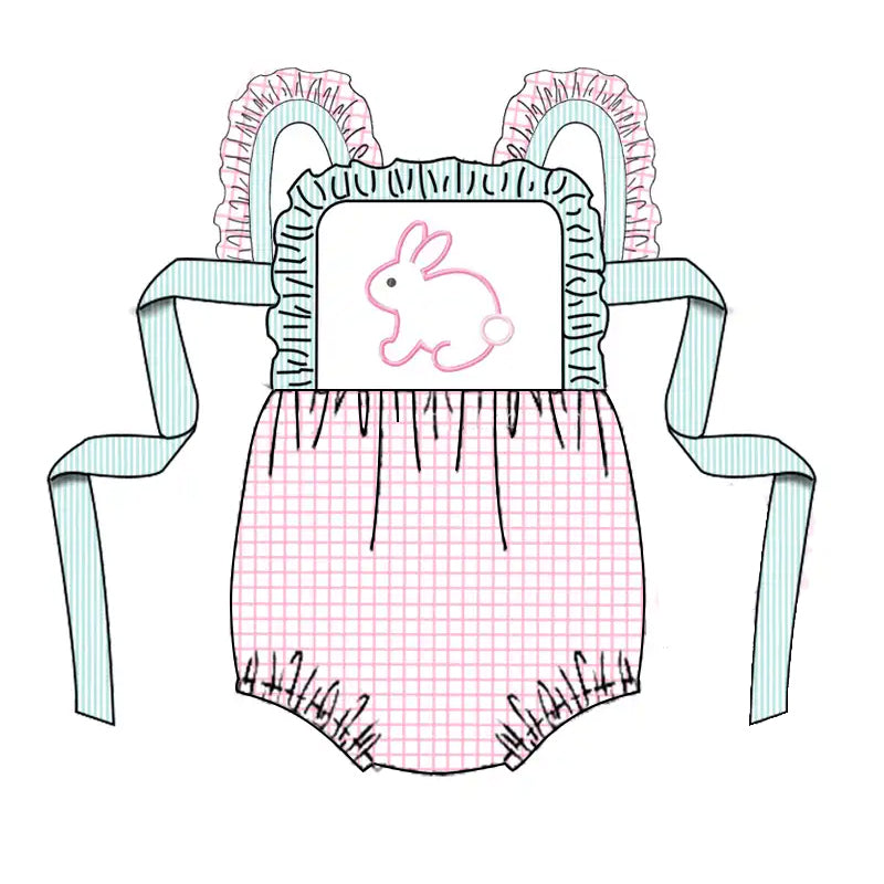 Pink plaid bunny sleeveless baby girls easter romper