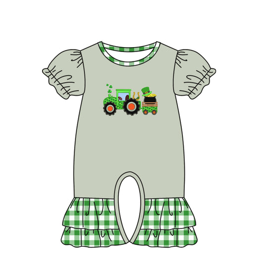 Short sleeves tractor clover baby girl st patrick's romper