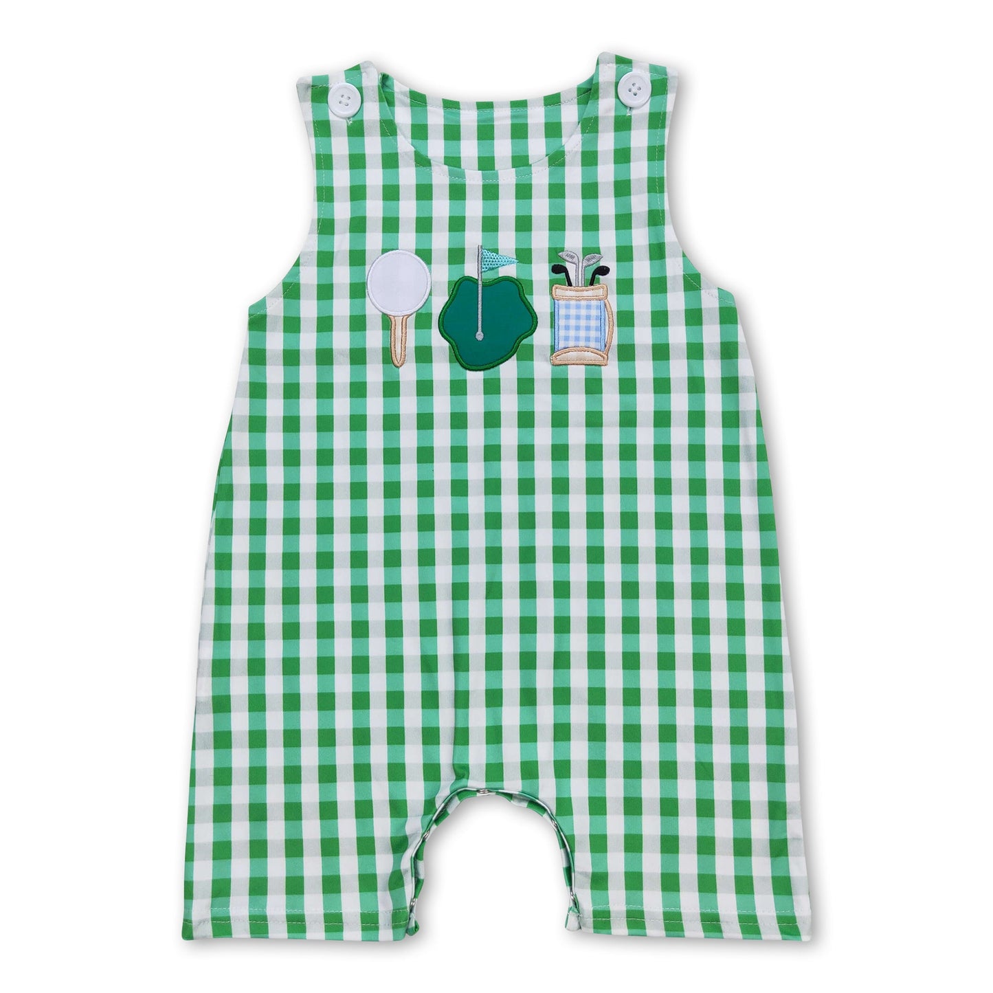 Sleeveless green plaid golf baby boy summer romper