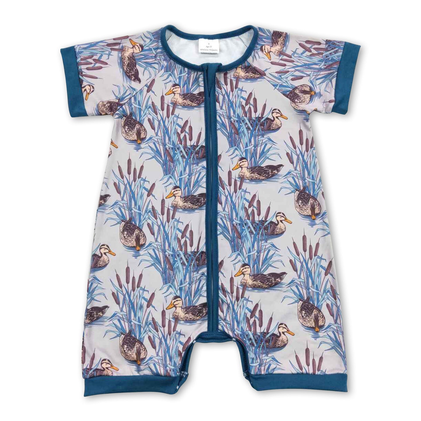 Blue short sleeves duck baby boys zipper romper