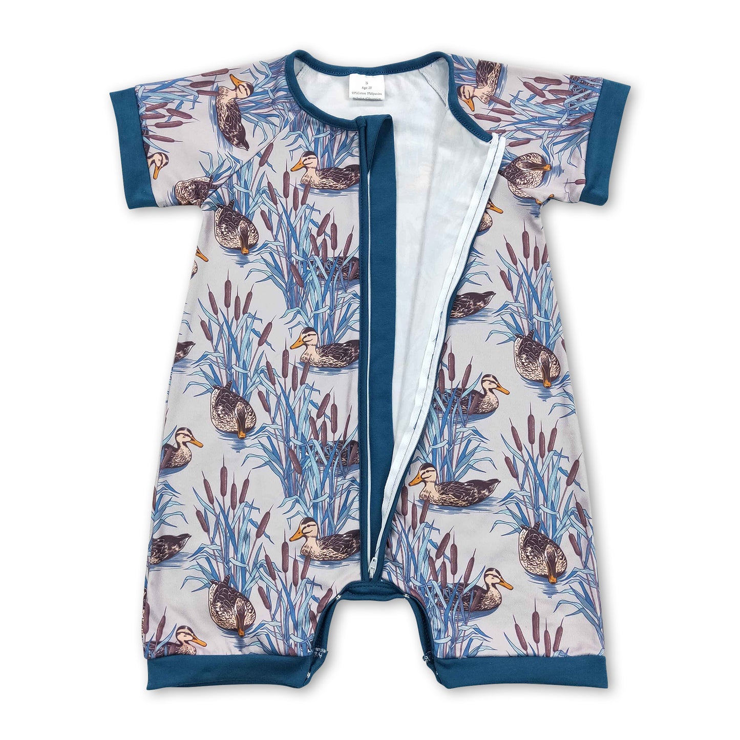 Blue short sleeves duck baby boys zipper romper