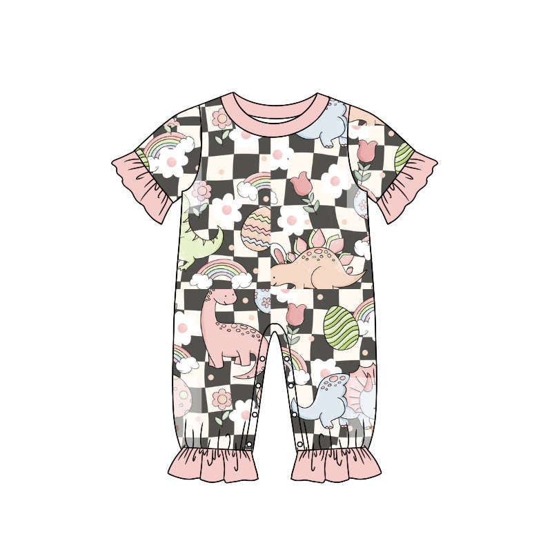 Pink short sleeves plaid dinosaur eggs girls easter romper