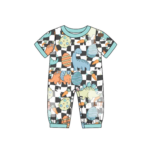 Blue short sleeves plaid dinosaur eggs boys easter romper