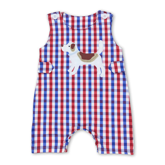 Sleeveless dog red blue plaid boys 4th of july romper