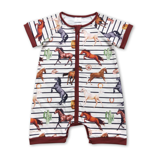 Short sleeves stripe brown horse baby boy romper