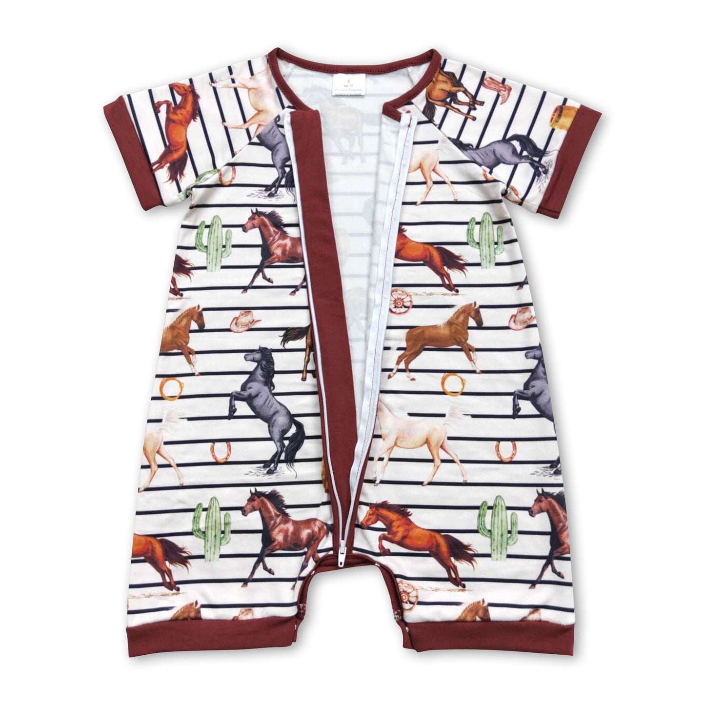 Short sleeves stripe brown horse baby boy romper