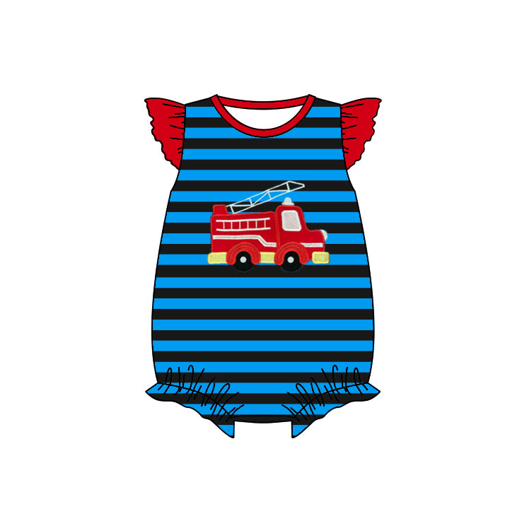 Flutter sleeves stripe fire truck baby girls romper