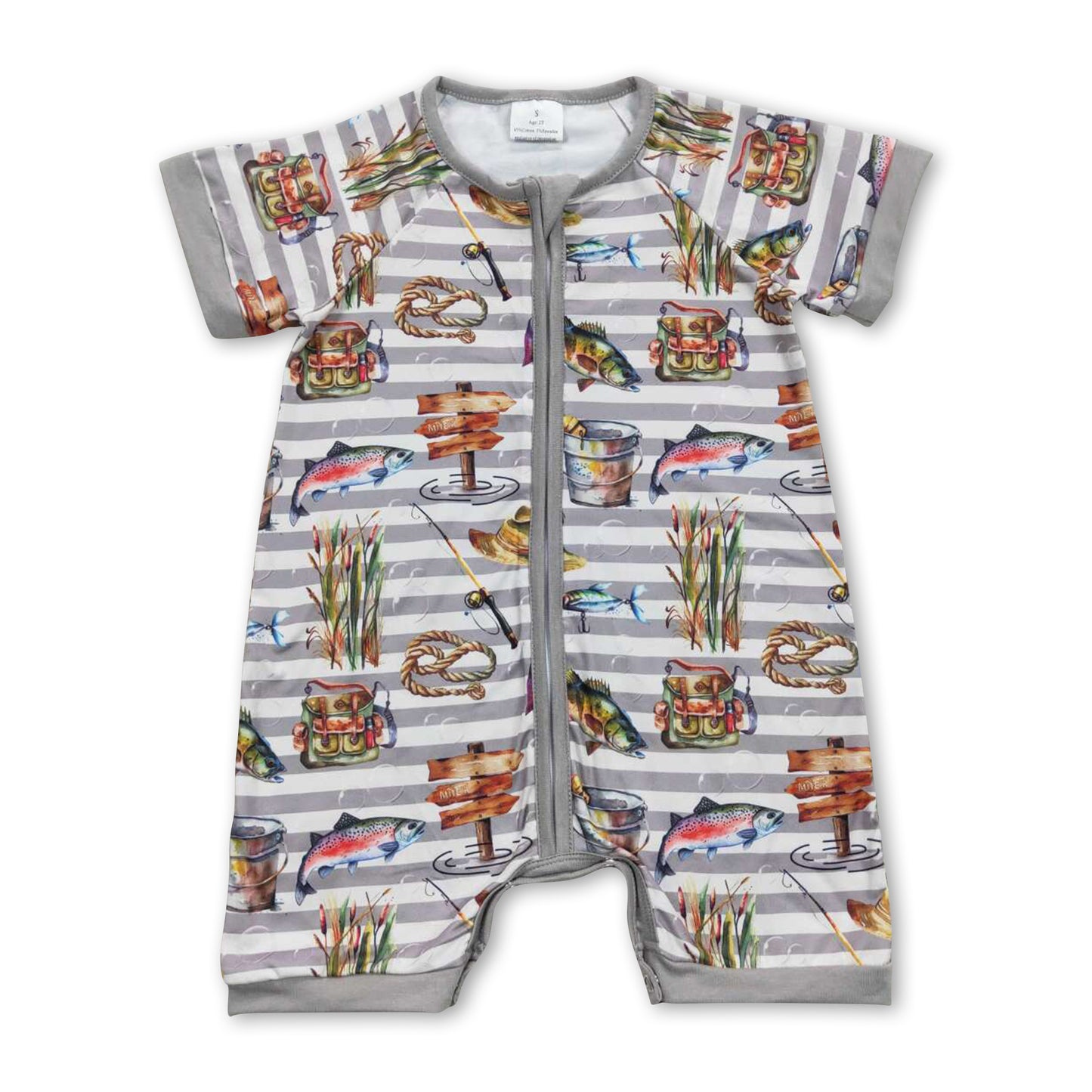 Short sleeves stripe fishing baby boys zipper romper